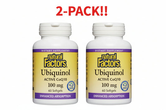 Two bottles of Natural Factors Ubiquinol 100 mg displayed side-by-side to showcase the Double Pack bundle and 4-month supply.