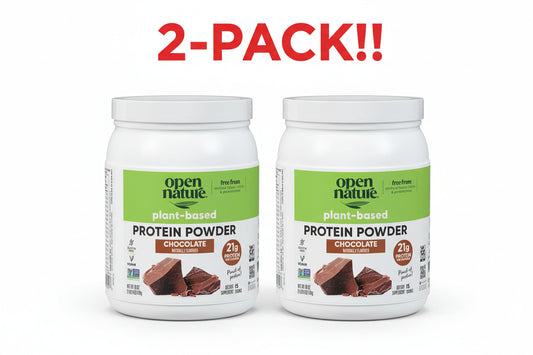 Open Nature plant-based protein powder container with chocolate flavor on a white background