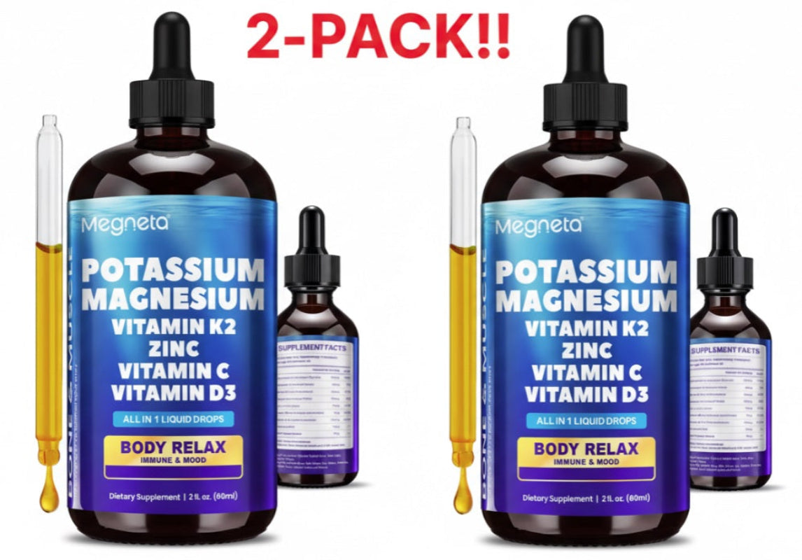 Two bottles of Megneta Potassium Magnesium Vitamin K2 Zinc Vitamin C Vitamin D3 with droppers on a white background.