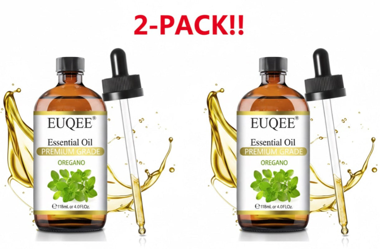 EUQEE oregano essential oil bottles with droppers on a white background, labeled as a 2-pack.