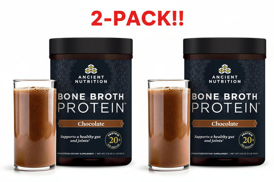 Two containers of Ancient Nutrition Bone Broth Protein with glasses of chocolate protein shake on a white background.