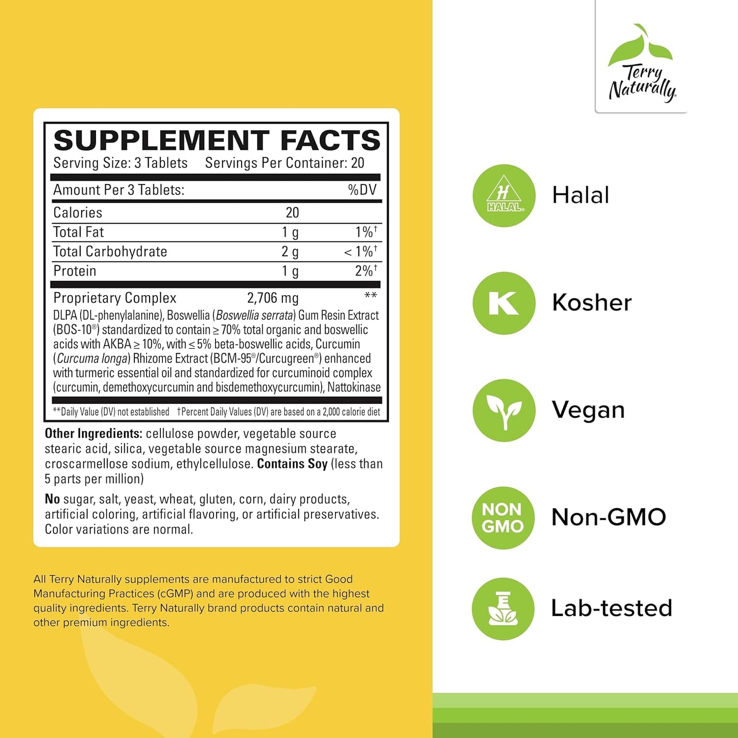 Supplement facts label with Terry Naturally branding on a yellow background