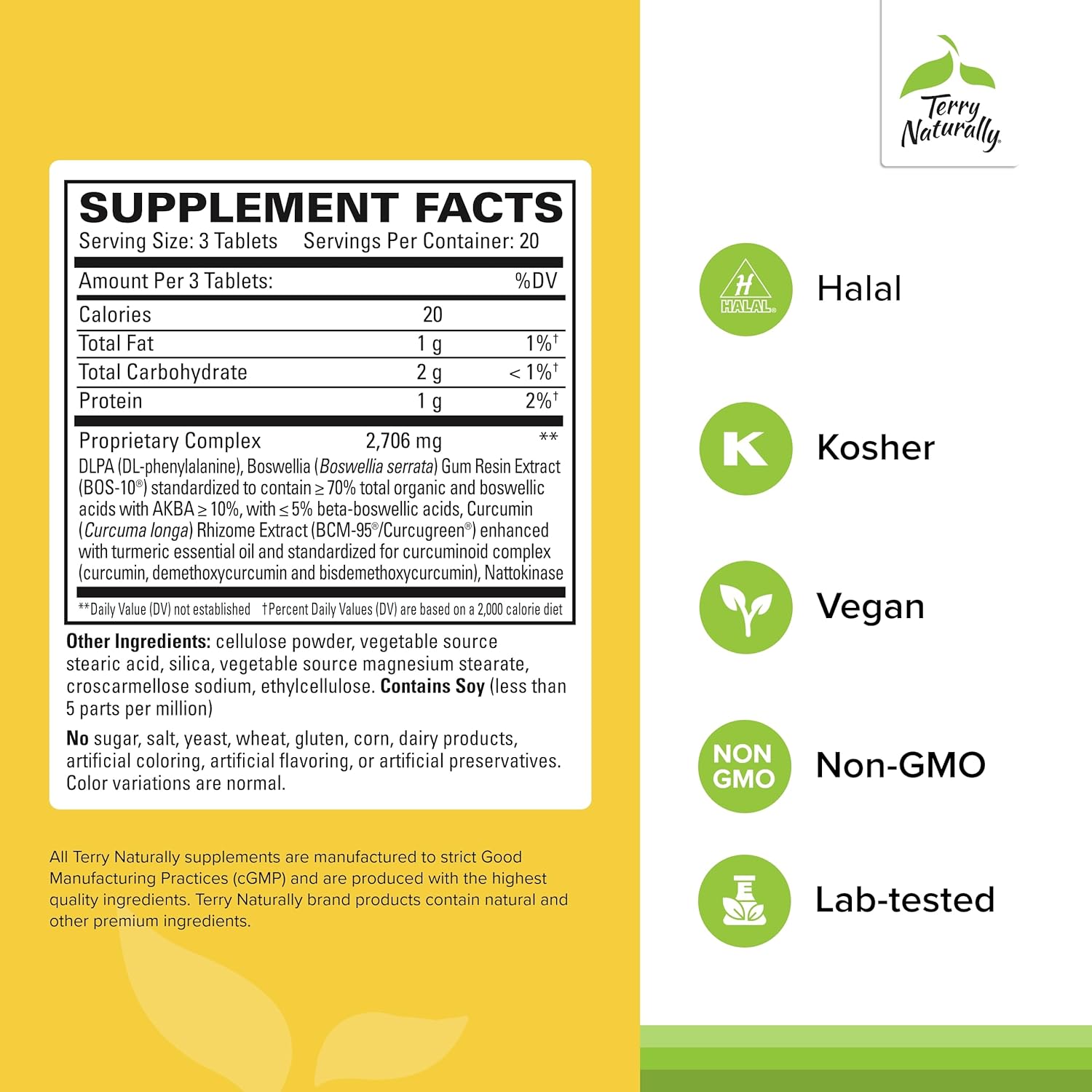 Supplement facts label with Terry Naturally branding on a yellow background