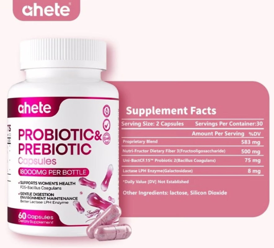 Probiotic and prebiotic supplement bottle with label and pink background