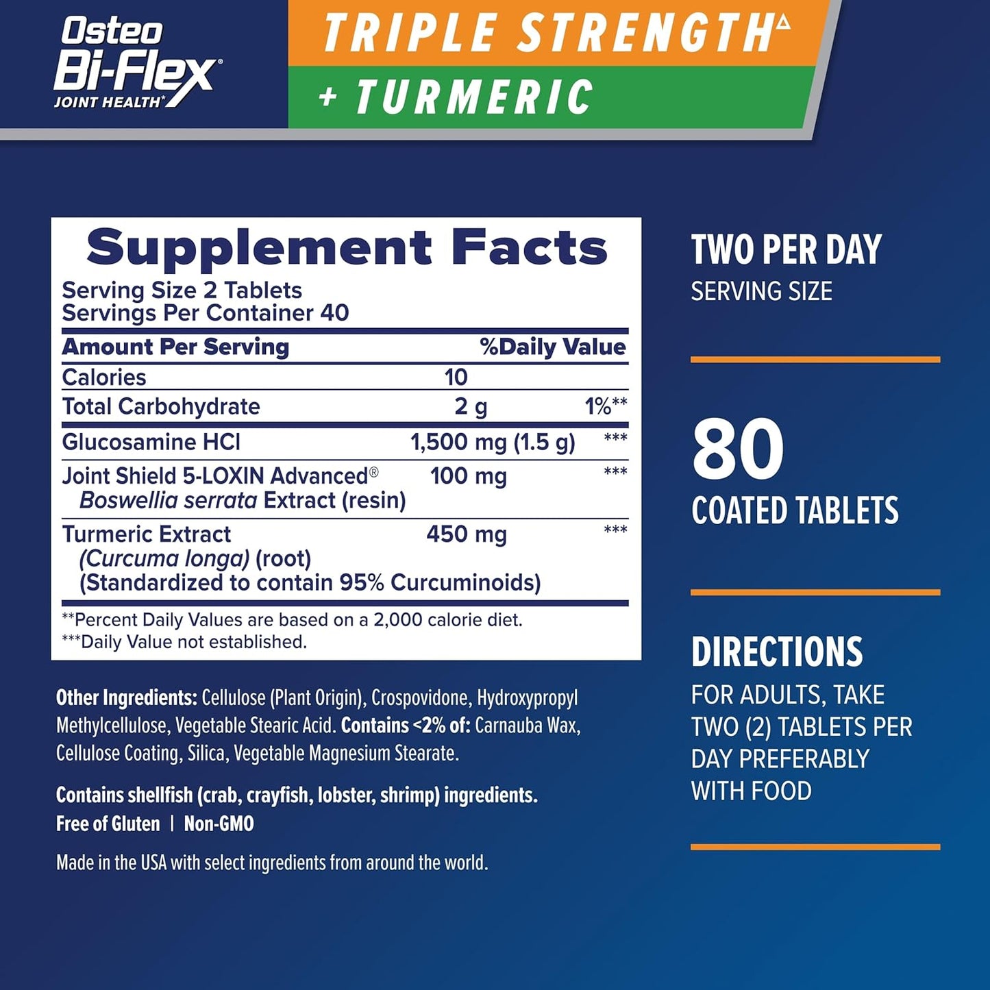 Osteo Bi-Flex Triple Strength + Turmeric supplement label on a blue background