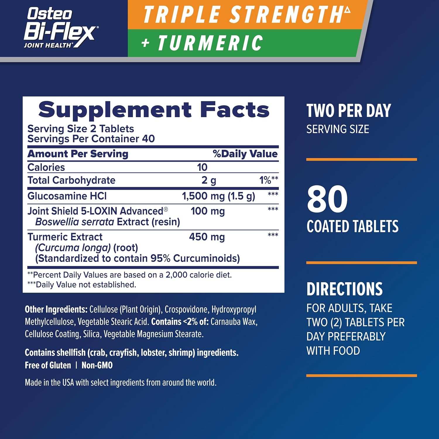 Osteo Bi-Flex Triple Strength + Turmeric supplement label on a blue background