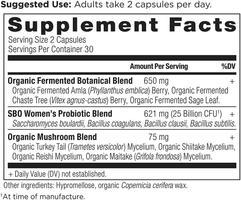 Supplement label with ingredients and suggested use for a women's probiotic blend.
