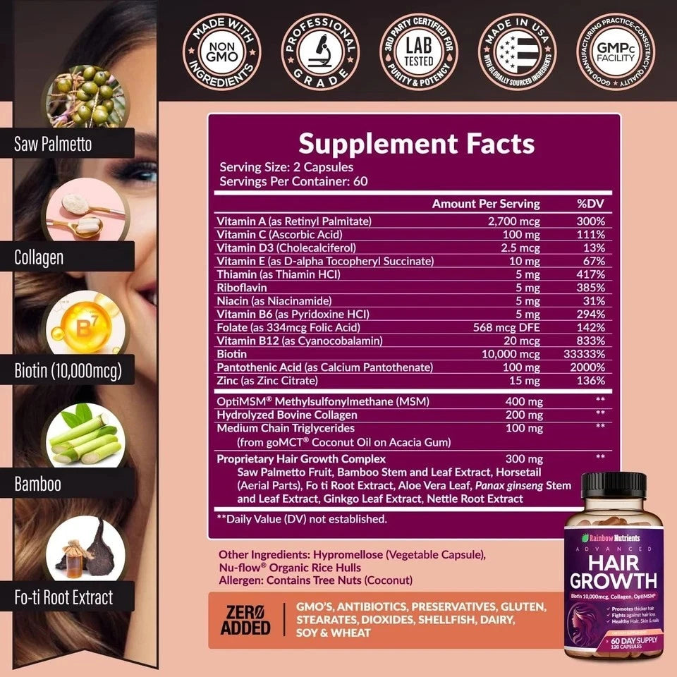 Supplement facts label for a hair growth supplement with ingredients and benefits on a pink background.