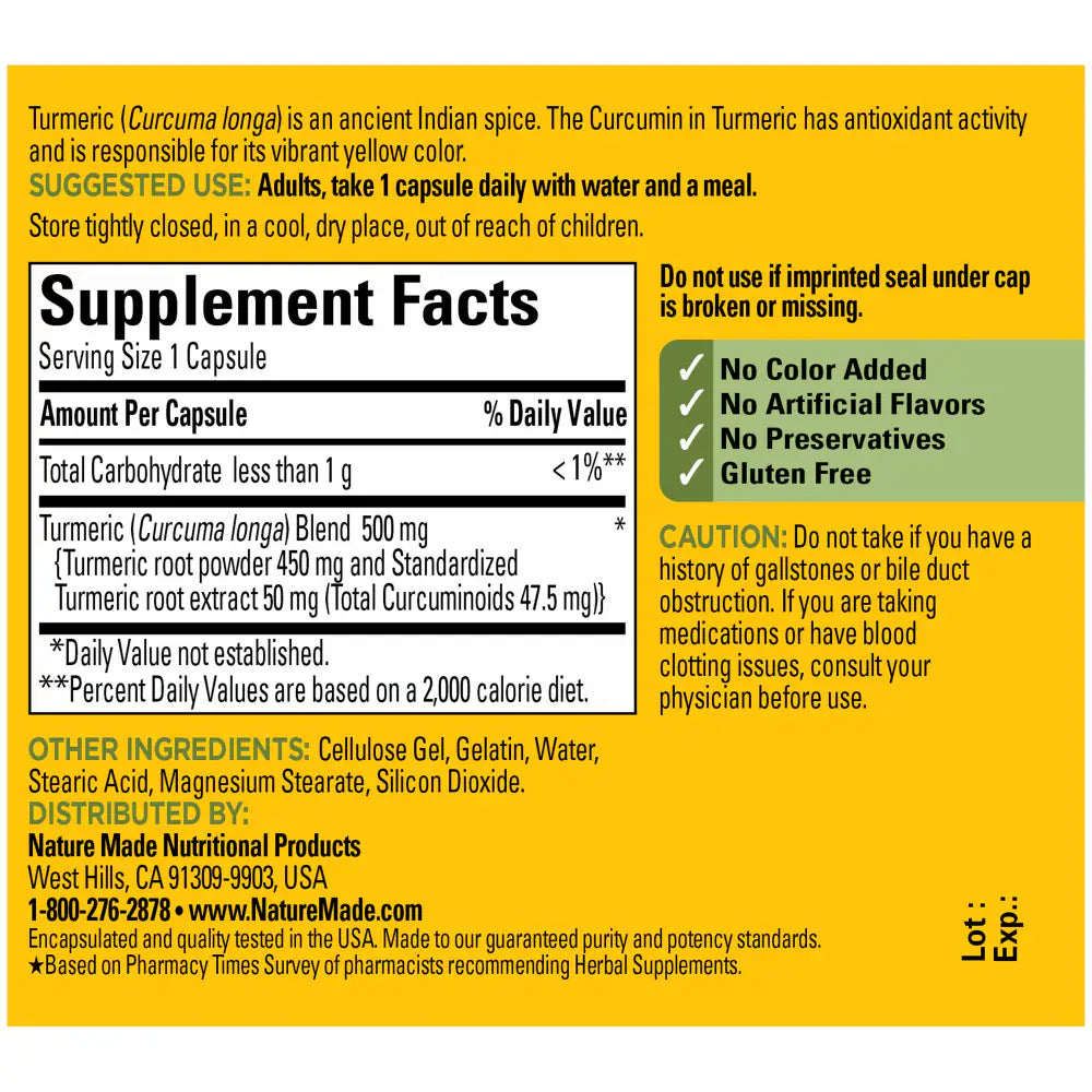 Supplement label for Turmeric capsules with text and nutritional information on a yellow background.