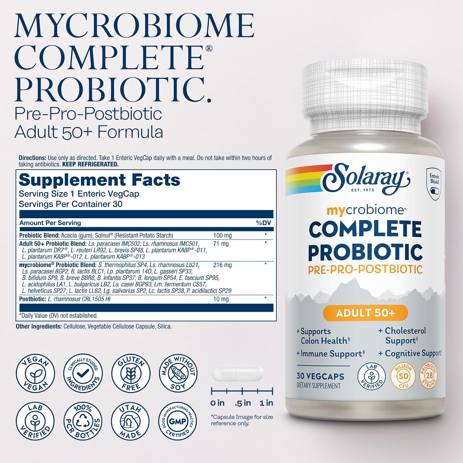 Solaray mycrobiome Complete Probiotic bottle with label and supplement facts on a light gray background