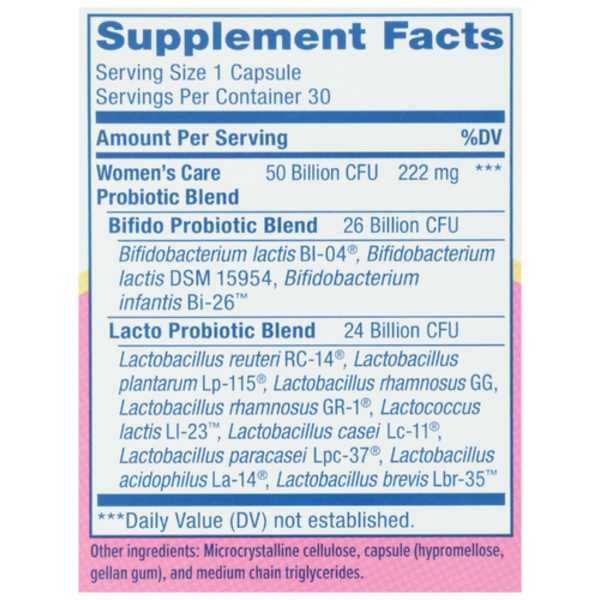 Supplement facts label for a women's care probiotic blend with specific CFU counts and ingredients.