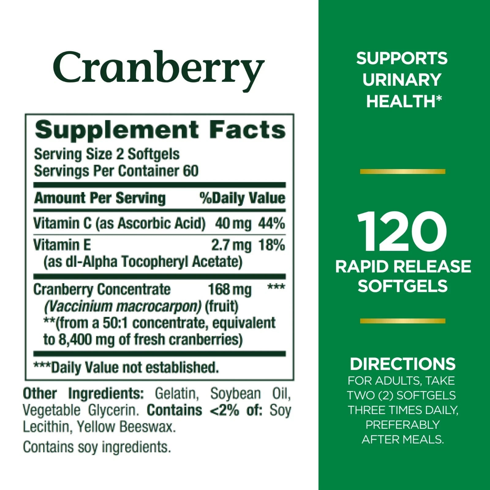 Cranberry supplement label with facts and directions on a white background