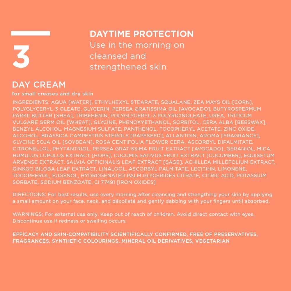 Daytime protection skincare product description with ingredients list on a pink background