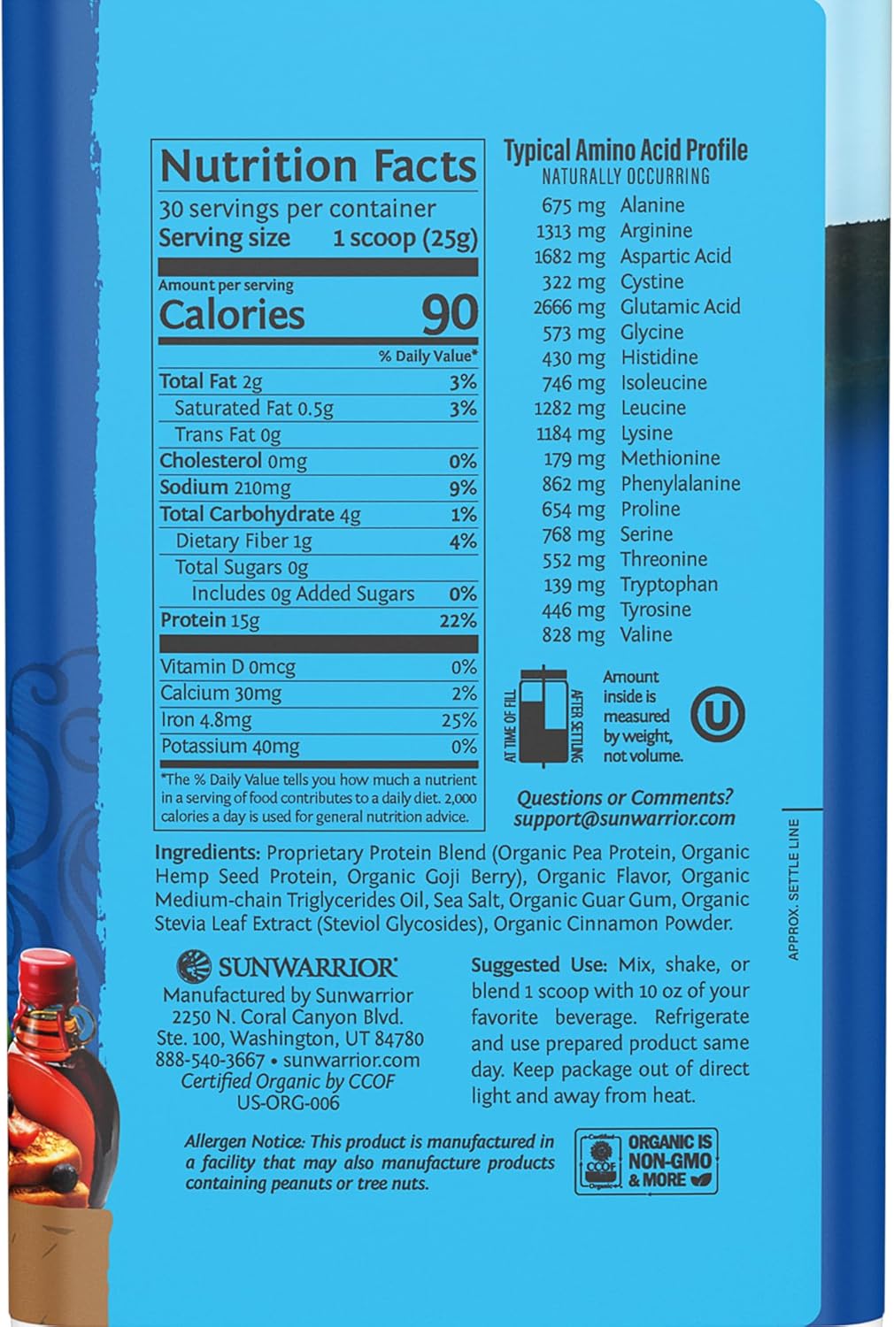 Nutrition label and ingredient list on a blue supplement packaging with a red container in the background.