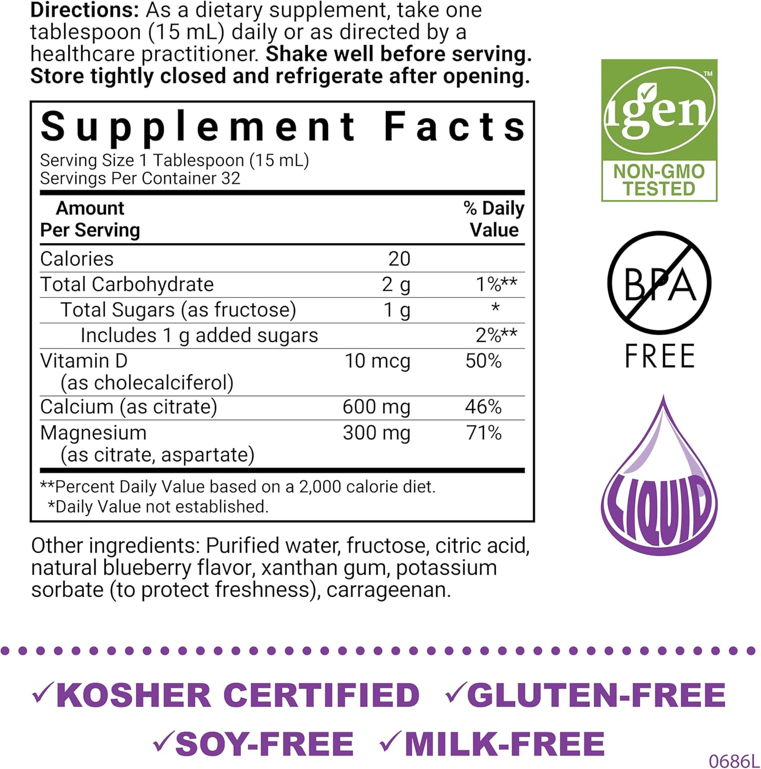 Supplement label with ingredients, nutritional information, and certification logos on a white background.