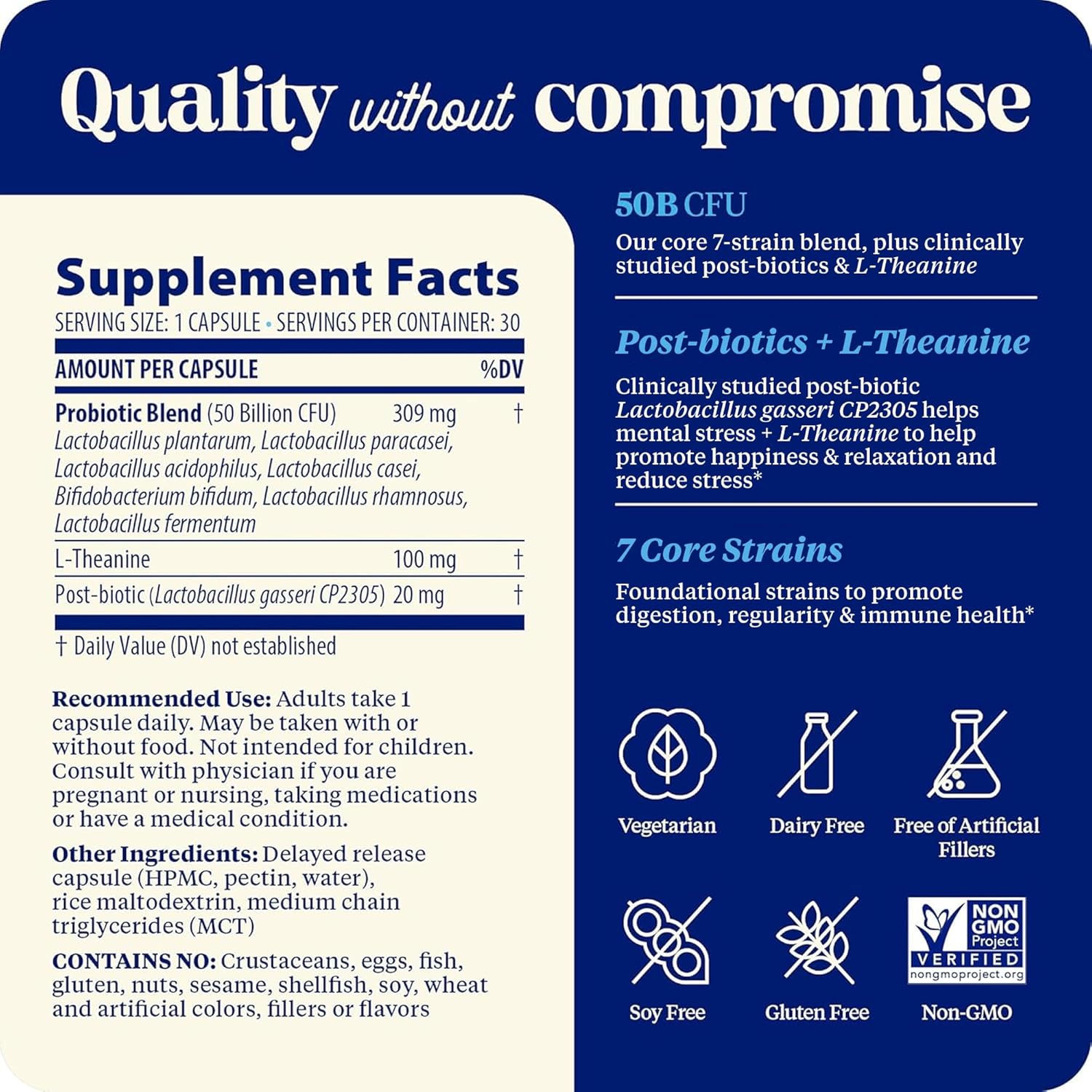 Supplement label with 'Quality without compromise' text on a blue background
