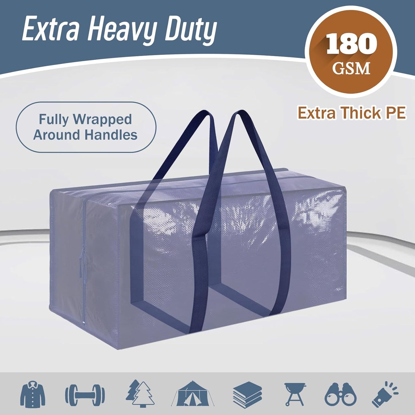Extra heavy-duty storage bag with handles, 180 GSM label, and product features on a white background.