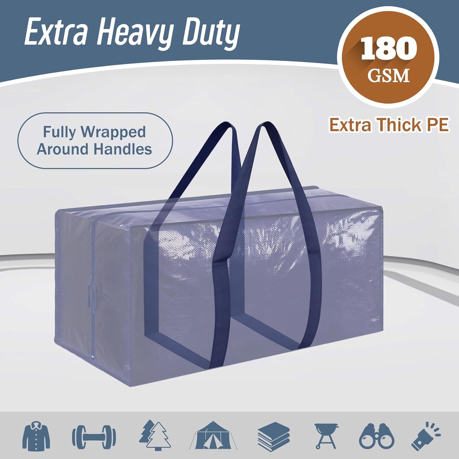 Extra heavy-duty storage bag with handles, 180 GSM label, and product features on a white background.