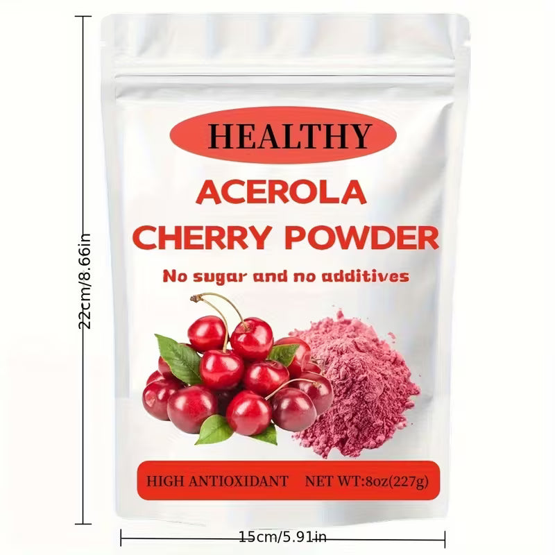 Package of Acerola Cherry Powder with cherry and powder graphics on a white background