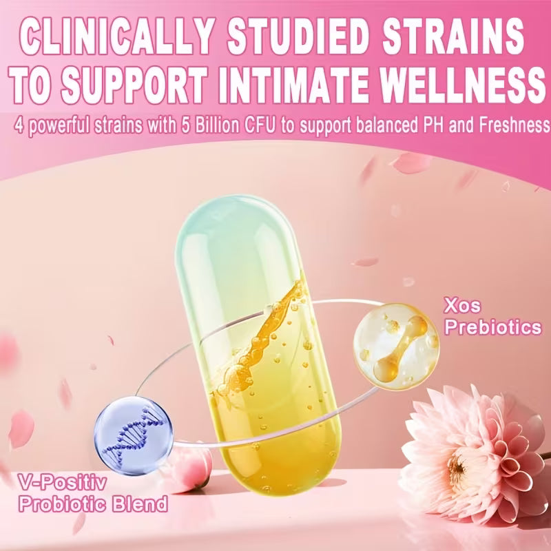 Product packaging with probiotic blend and prebiotics on a pink background