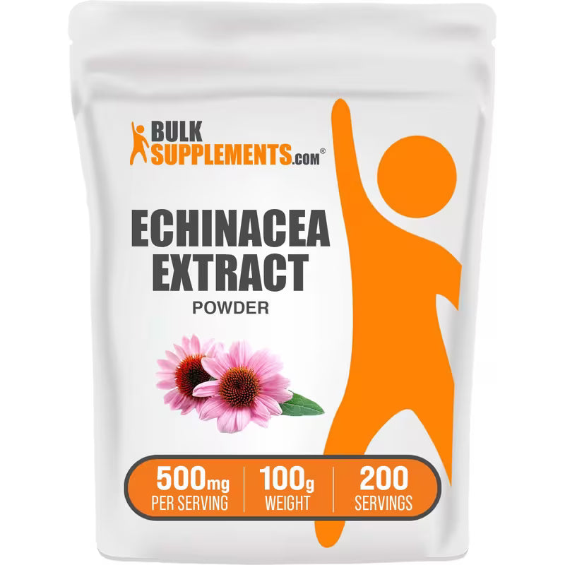 Package of Bulk Supplements Echinacea Extract Powder with a person icon and echinacea flower on a white background