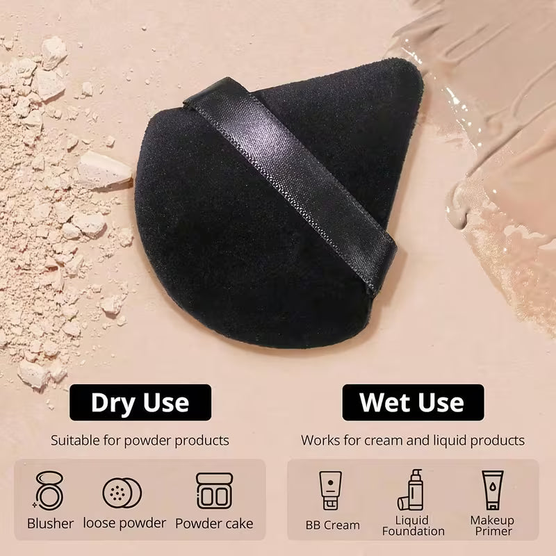 Black makeup sponge with text indicating dry and wet use on a beige background