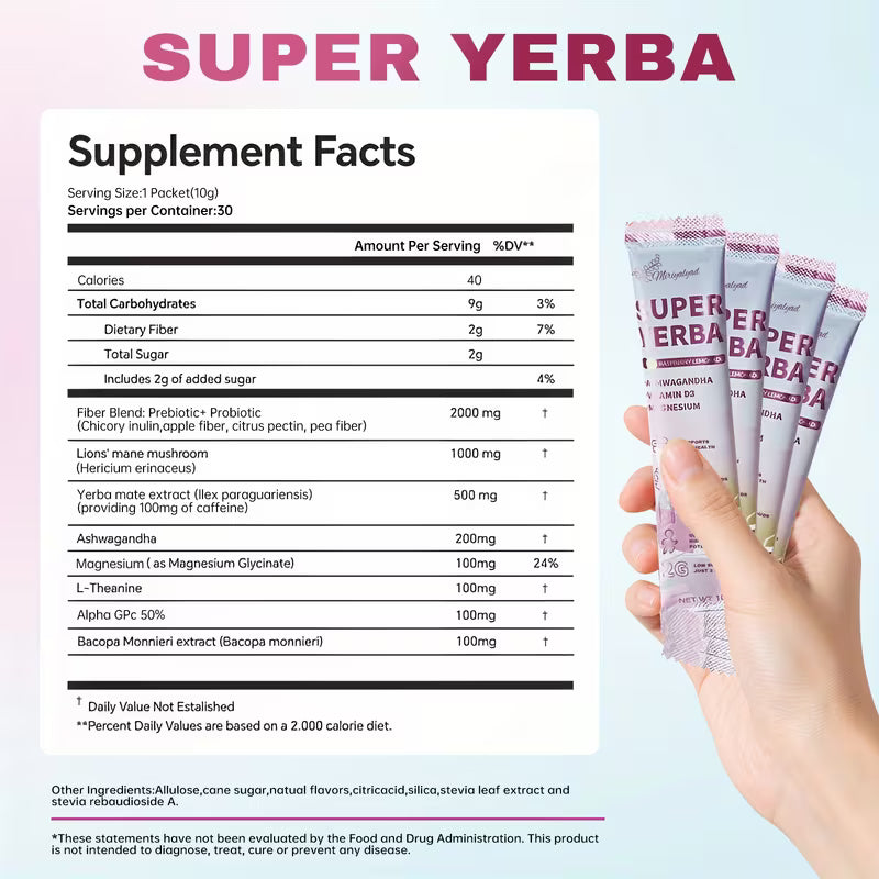 Super Yerba supplement packets with a hand holding them and supplement facts on a light blue background.