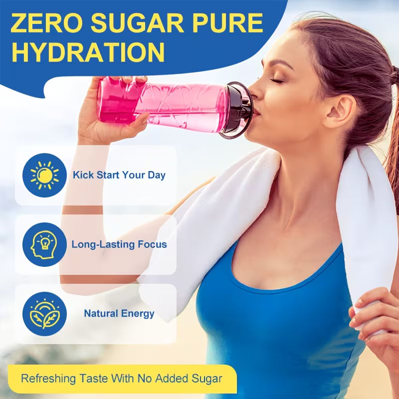 Woman drinking from a pink water bottle with health benefits listed on a blue and yellow background