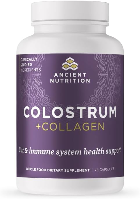 Supplement bottle labeled 'Colostrum + Collagen' by Ancient Nutrition on a white background