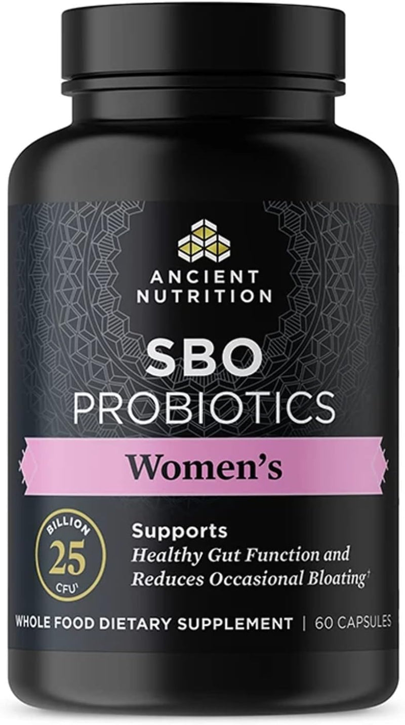 Black supplement bottle labeled 'Ancient Nutrition SBO Probiotics Women's' on a white background