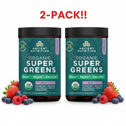 Ancient Nutrition Organic Super Greens supplement container with berries on a white background