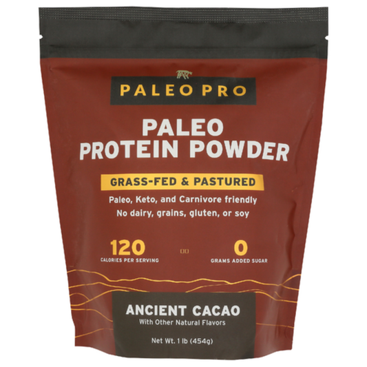 Pouch of Paleo Pro Paleo Protein Powder with text on a white background