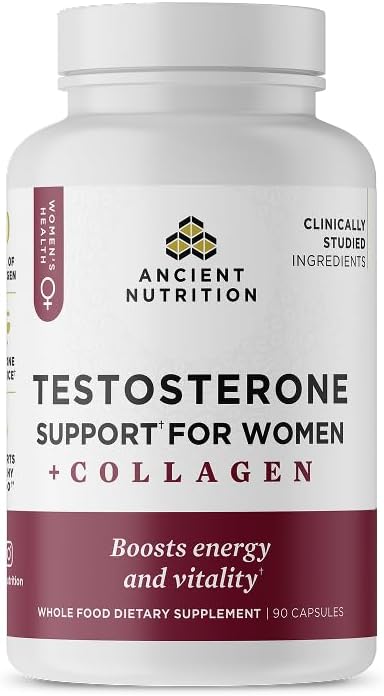 Supplement bottle labeled 'Testosterone Support for Women + Collagen' by Ancient Nutrition on a white background.