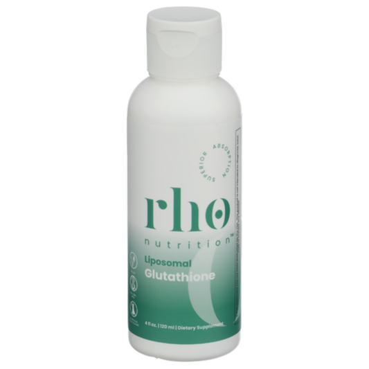 Bottle of rho nutrition Liposomal Glutathione on a white background