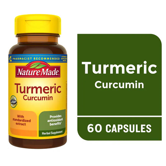 Nature Made Turmeric Curcumin supplement bottle with a green label indicating 60 capsules.