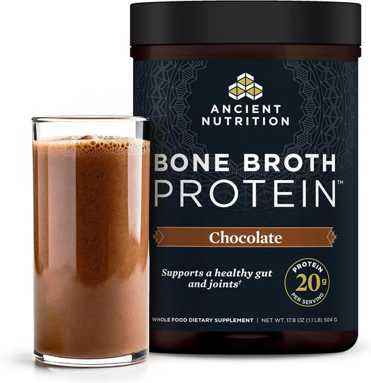 Chocolate bone broth protein with Ancient Nutrition packaging on a white background