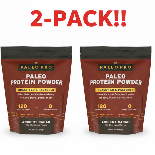 Two jars of Paleo Pro Ancient Cacao Complete Protein Powder (1 lb each) displayed together, clearly labeling them as a "Double Pack" or "2-Pack Bundle.