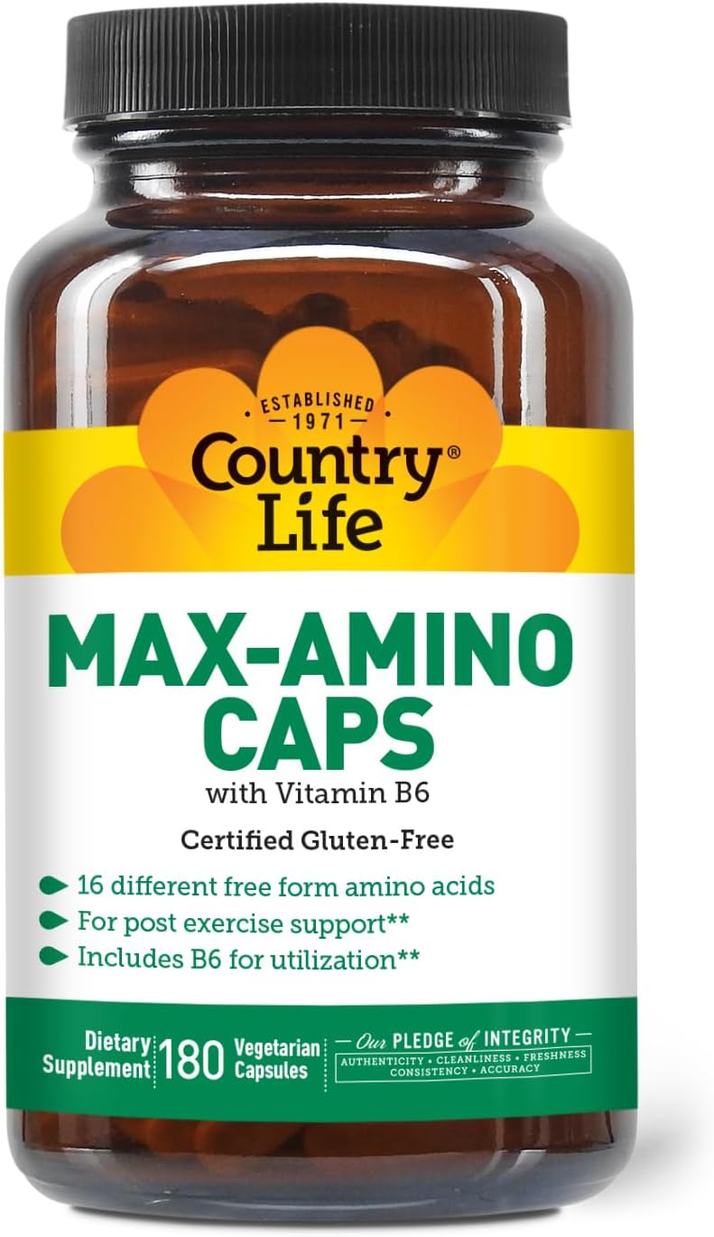 Country Life Max-Amino Caps supplement bottle on a white background