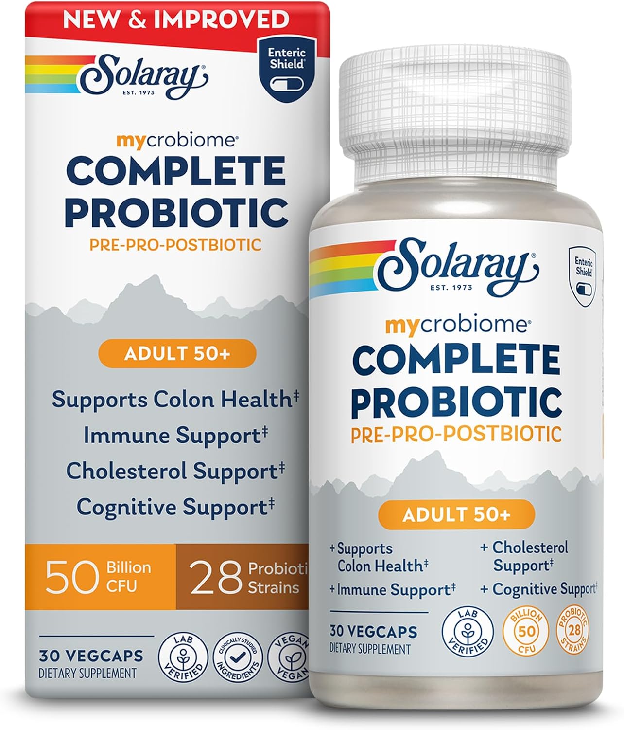 Solaray mycrobiome Complete Probiotic packaging and bottle on a white background
