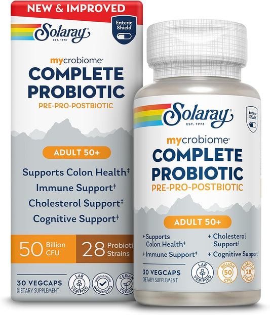 Solaray mycrobiome Complete Probiotic packaging and bottle on a white background