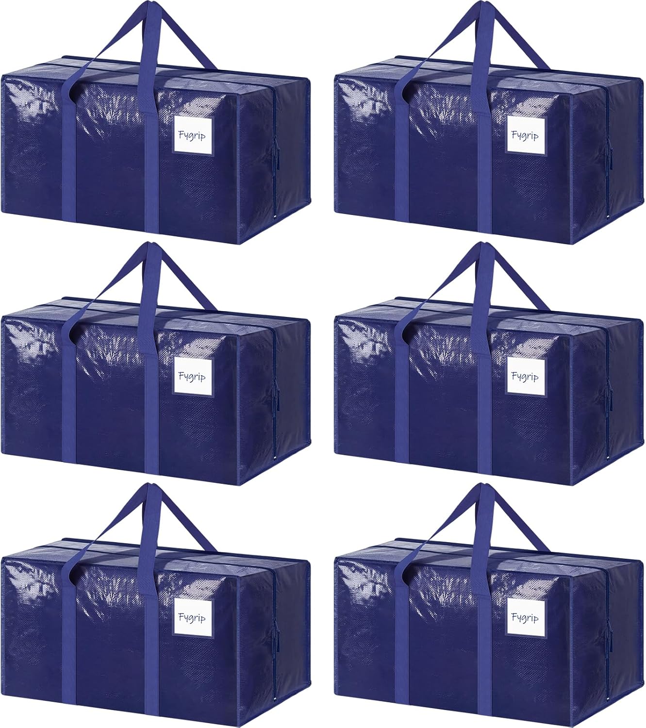 Set of six blue storage bags with clear covers on a white background