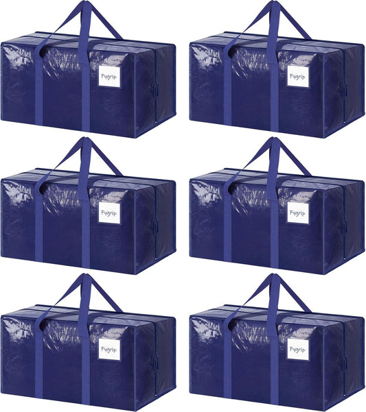 Set of six blue storage bags with clear covers on a white background