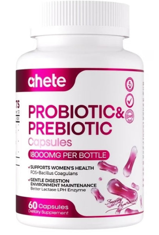 Bottle of chete probiotic and prebiotic capsules on a white background