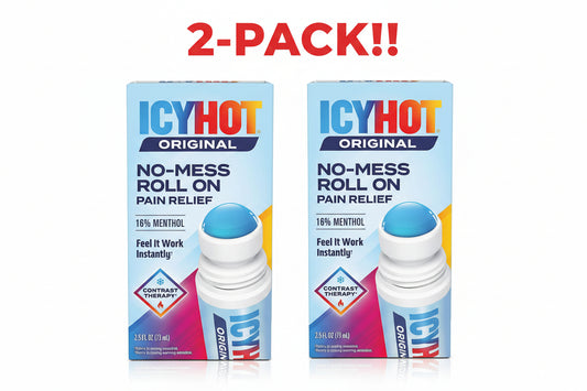 ICY HOT no-mess roll on packaging on a white background
