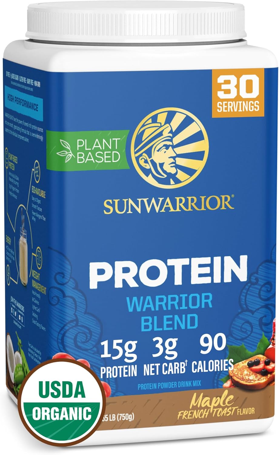 Sunwarrior Warrior Blend protein powder container with blue label and white lid.