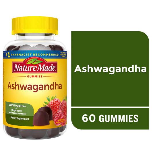 Nature Made Ashwagandha gummies bottle with a green label indicating 60 gummies.