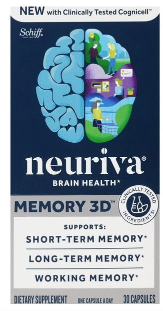 Front view of NEURIVA Memory 3D 30ct bottle showing the "3D Memory Support" branding on a clean white background.