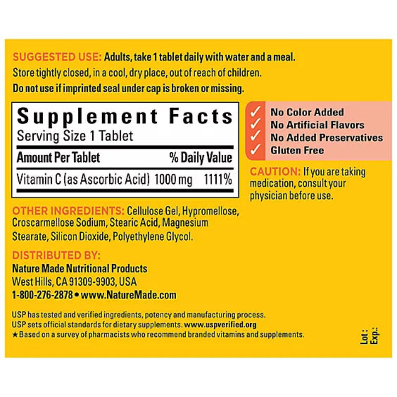 Supplement label with vitamin C content and product details on a yellow background