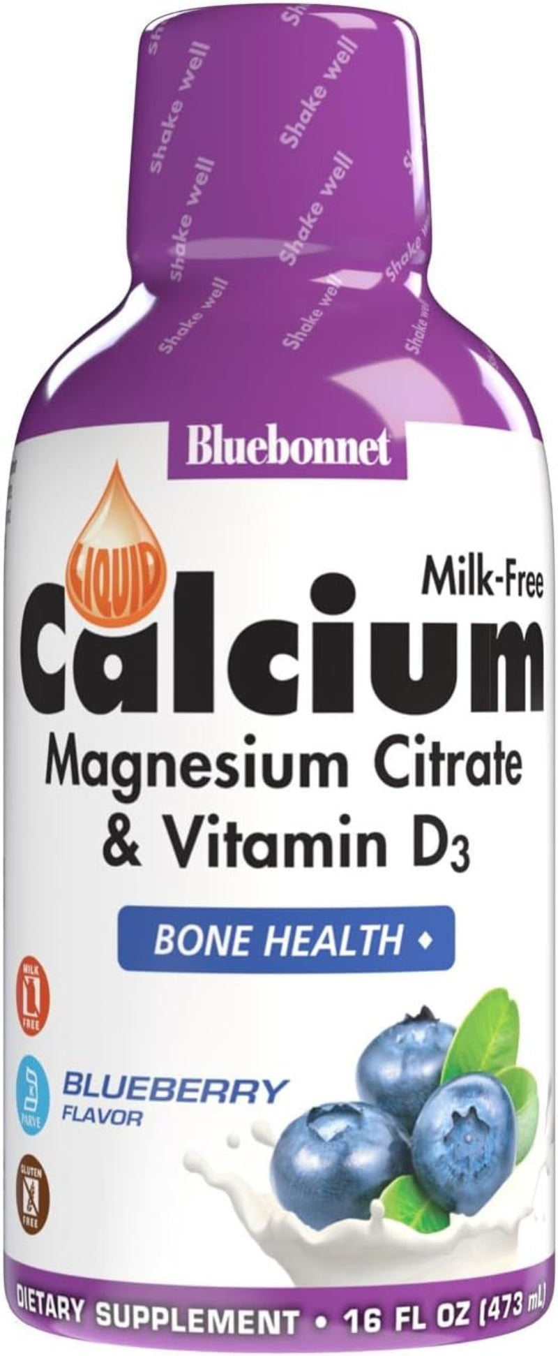 Bottle of Bluebonnet Calcium supplement with blueberry flavor on a white background