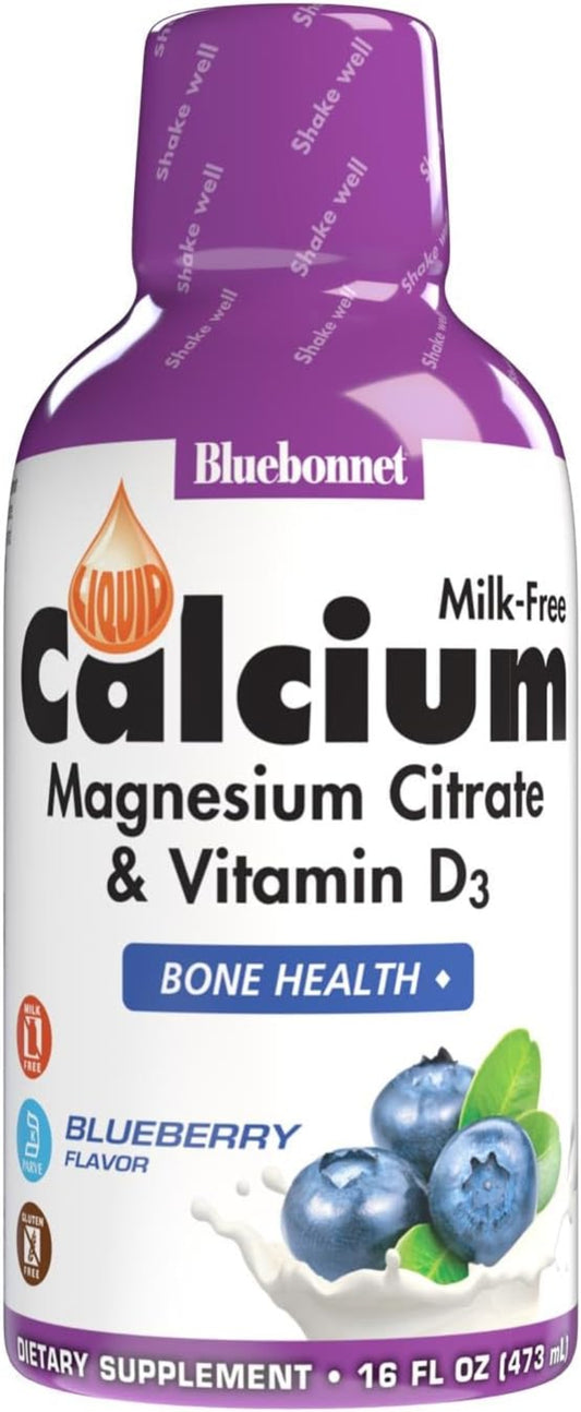 Bottle of Bluebonnet Calcium supplement with blueberry flavor on a white background